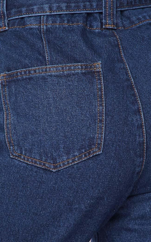 Belted Front Tie Denim Mom Jeans in Dark Denim - SohoGirl.com